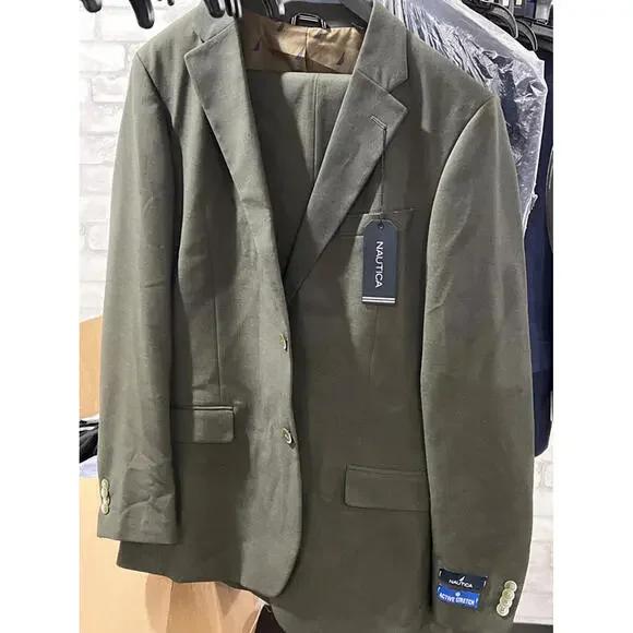 Nautica Mens Modern fit 2 Piece Suit 42 L / 36 Waist Olive Green Solid Stretch
